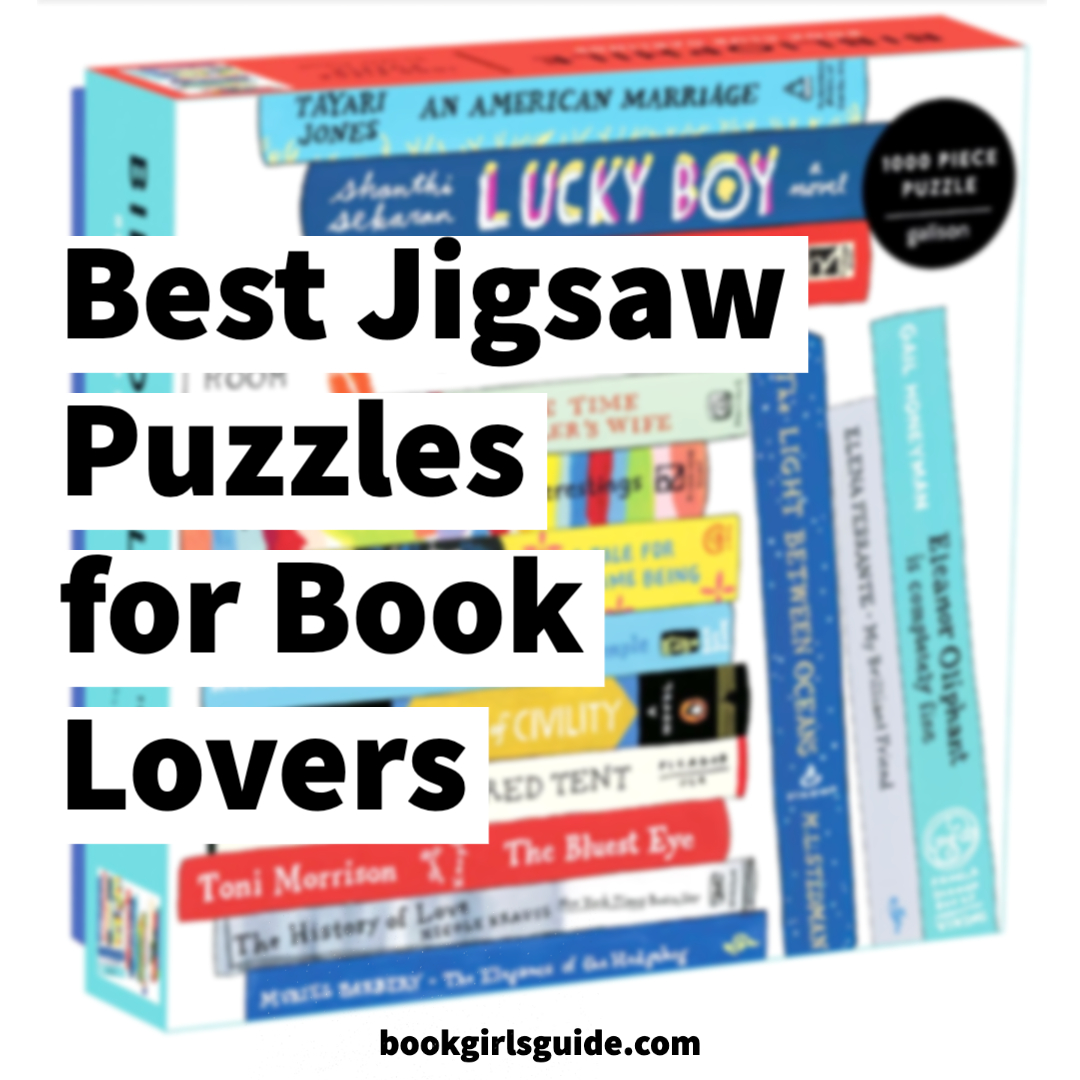 Puzzle book showing blue and teal handdrawn book spines with text overlay reading Best Jigsaw Puzzles for Book Lovers