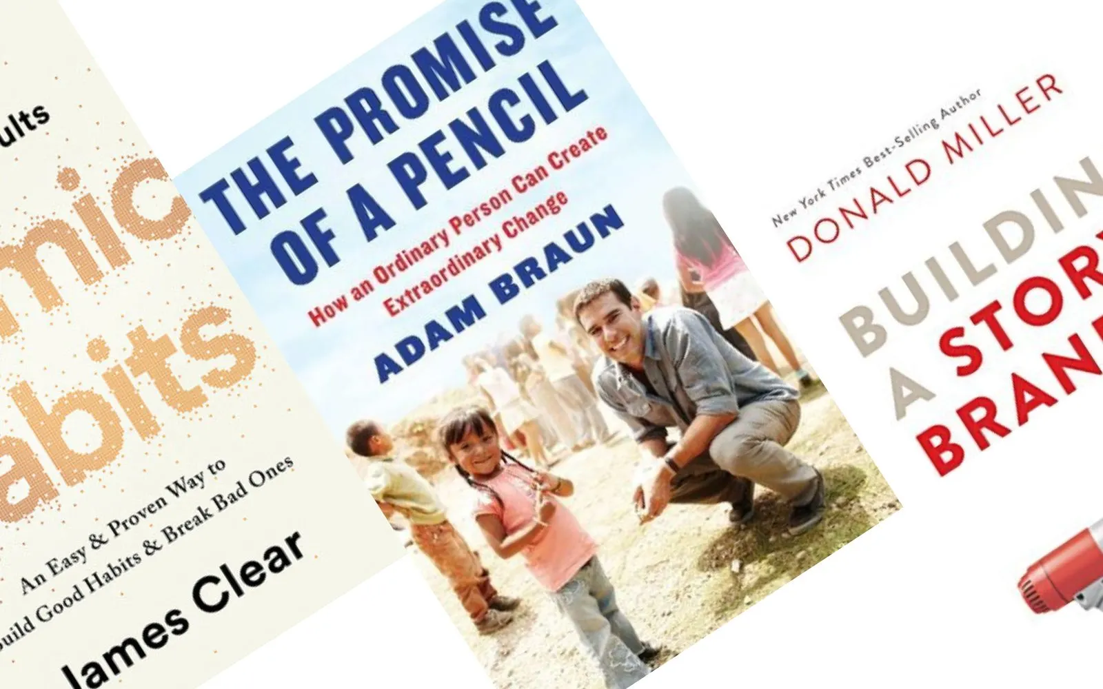 3 tilted books for entreprenueurs with The Promise of a Pencil in the middle