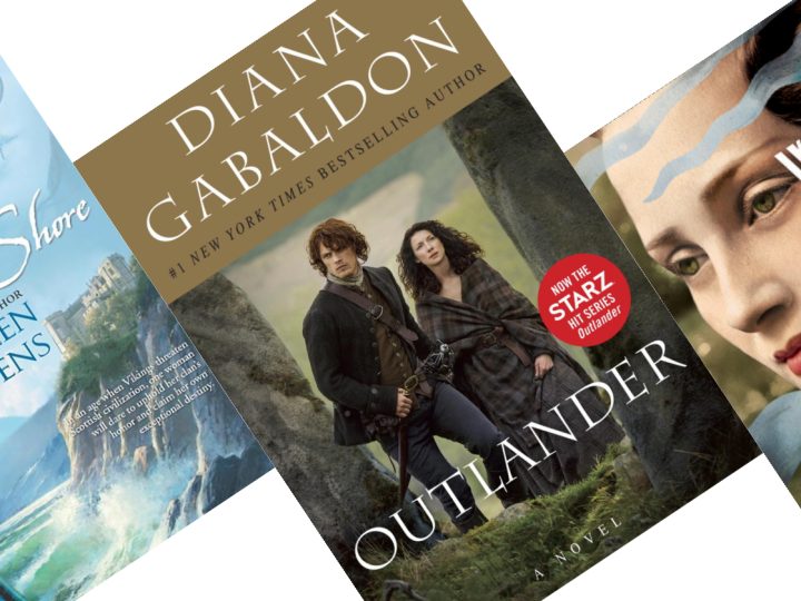 Three slanted book covers with Outlander in the middle