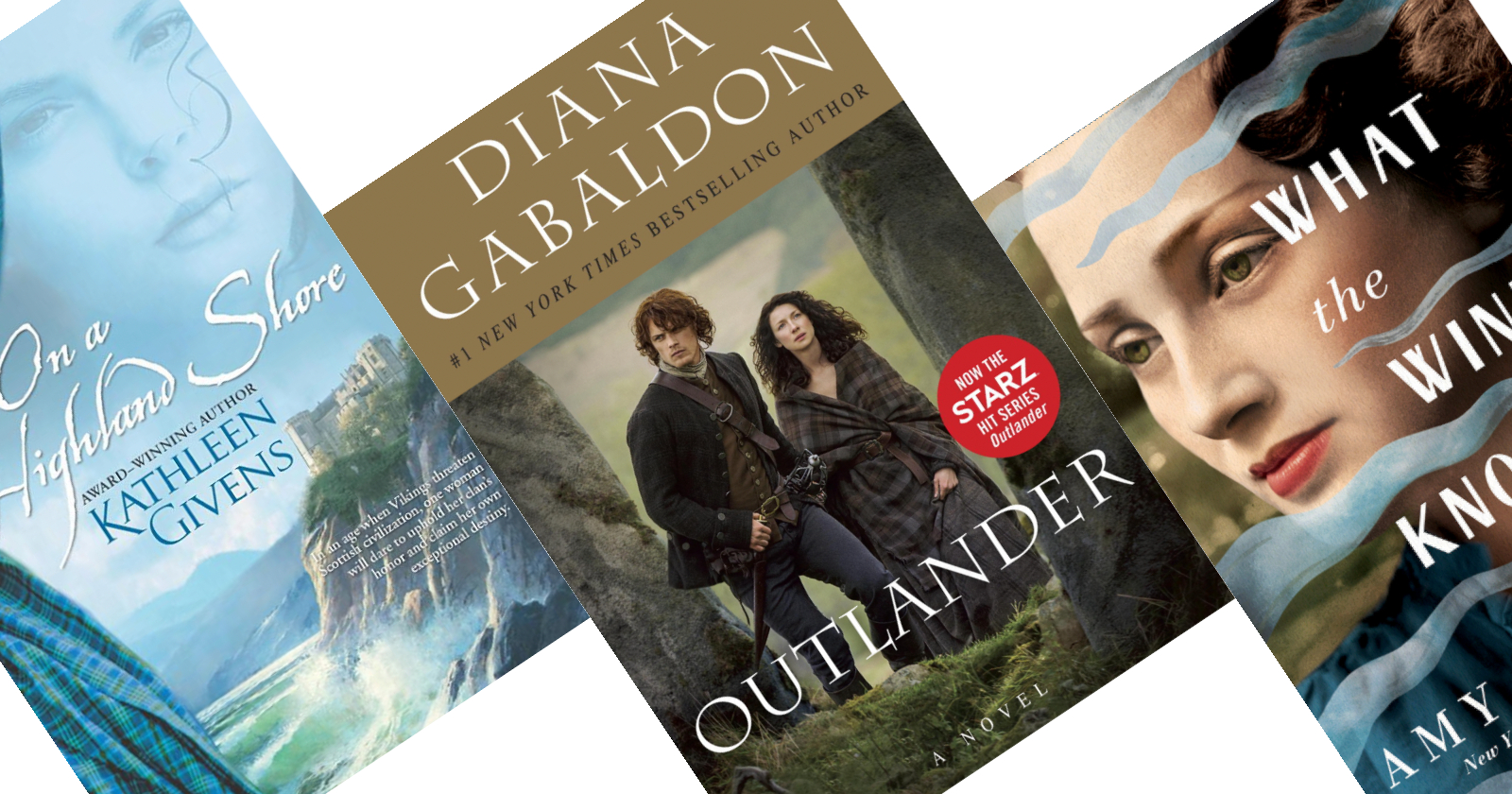 Three slanted book covers with Outlander in the middle
