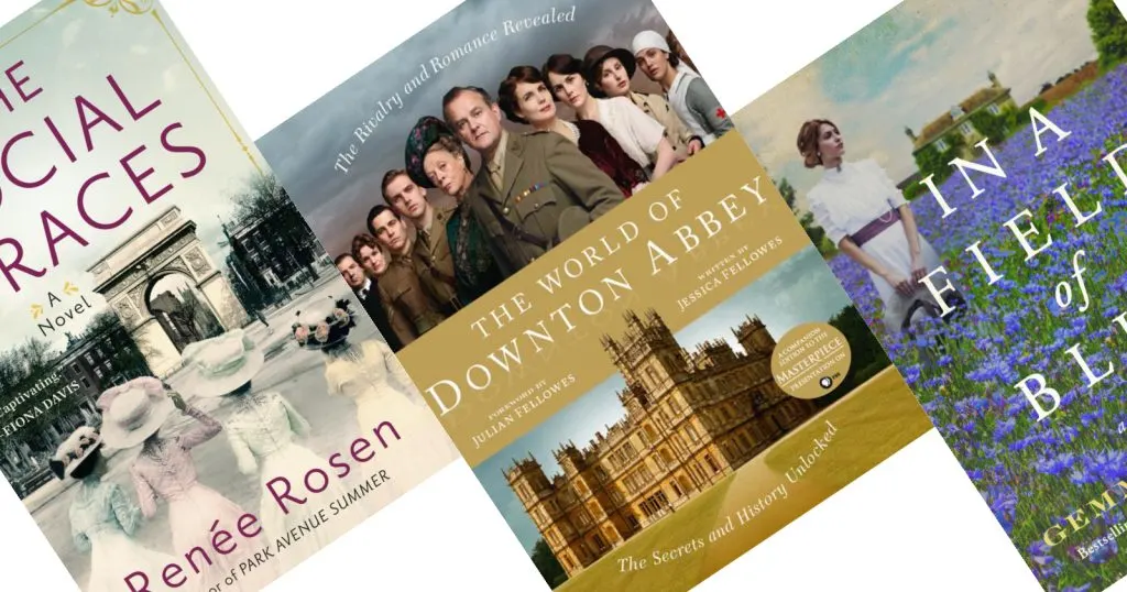 Three diagonal book covers - The Social Graces, Downtown Abbey, & In a Field of Blue