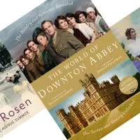Three diagonal book covers - The Social Graces, Downtown Abbey, & In a Field of Blue