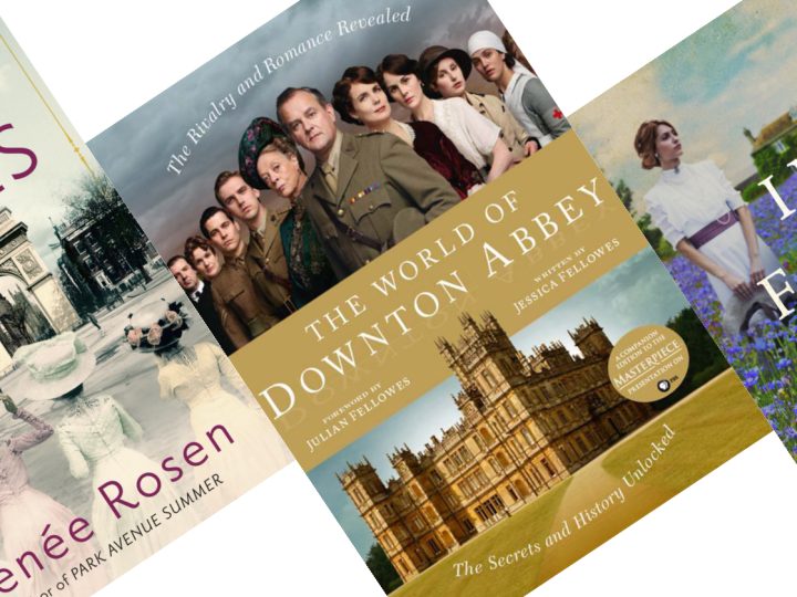 Three diagonal book covers - The Social Graces, Downtown Abbey, & In a Field of Blue