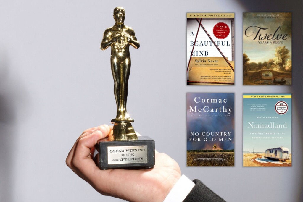 Hand holding an Academy Award Oscar statue in a spotlight with the covers of four books that were adapted into Best Picture Winning Films