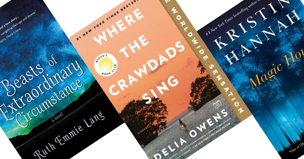 Three diagonal book covers in a row - Magic Hour and Beasts of Extraordinary Circumstances are on each side representing books like Where the Crawdads Sing, which is in the middle