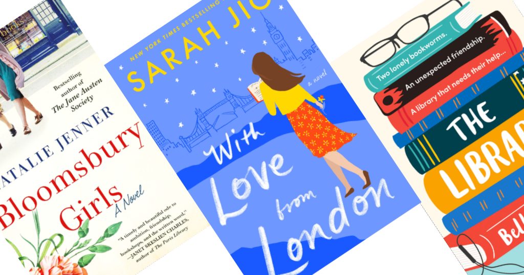 Three tilted book covers side by side, center book is blue with girl walking away and title With Love From London