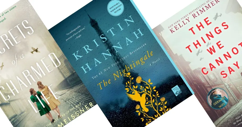 3 tilted book covers, Secrets of a Charmed Life and The Things We Cannot say to the sides represing books like the Nightingale (which is in the middle)