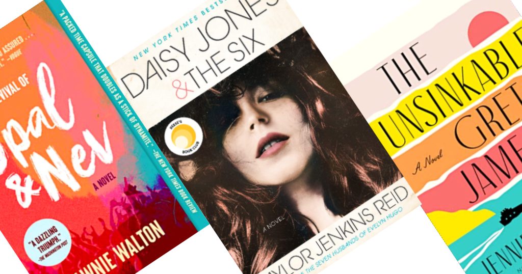 tilted book covers with large face and text reading daisy jones and the six in the center