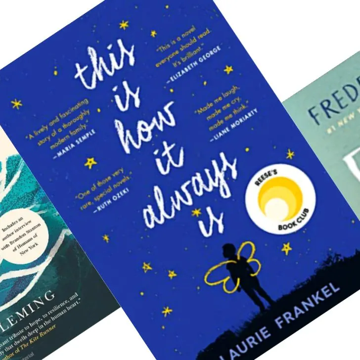 Three tilted dark blue, teal, and beige book covers