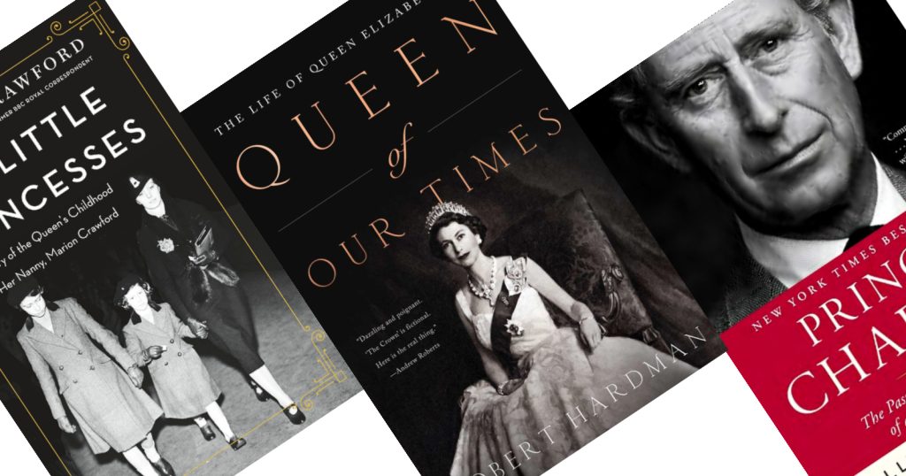 Three angled black and white book covers featuring books for fans of The Crown. The center image reads Queen of Our Times.
