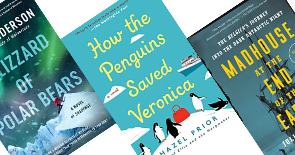 Three tilted book covers in shades of teal, middle reading How the Penguins Saved Veronica