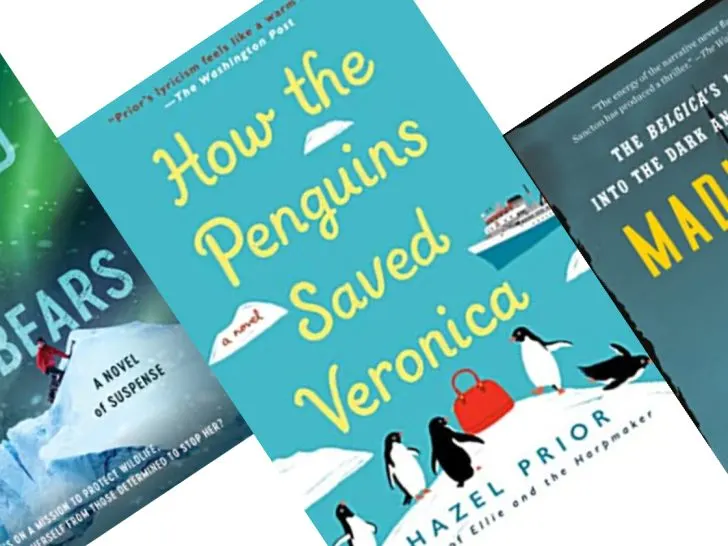 Three tilted book covers in shades of teal, middle reading How the Penguins Saved Veronica