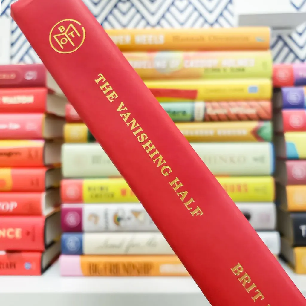 Diagnol book spine for The Vanishing Half - red spine with good lettering