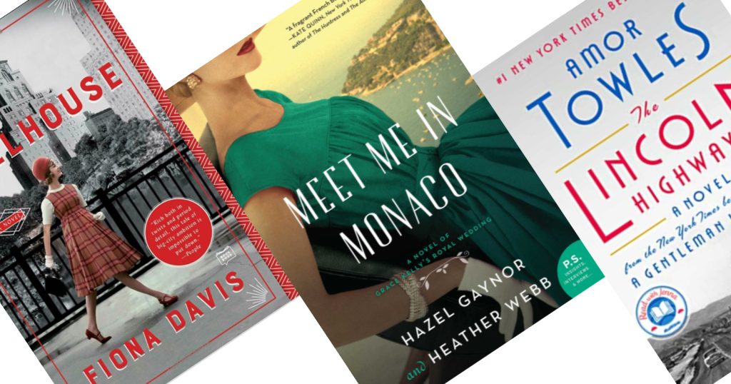 Covers of three books - mostly Meet Me in Monaco which is a glamorous woman in a green 50s dress against the ocean and cliff beach
