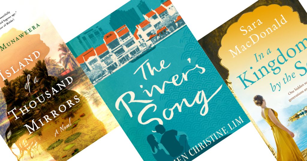 Three tilted book covers with THe Rivers Song teal cover in the center