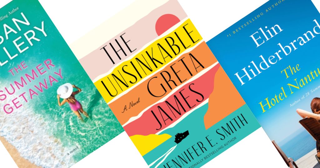 Three summery book covers featuring beaches, center cover title The Unsinkable Greta James