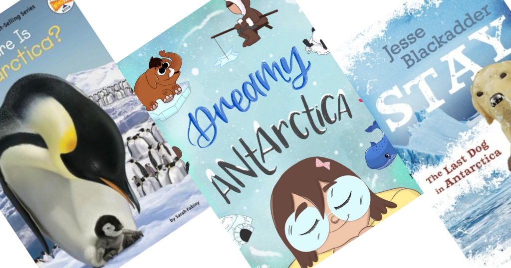 Three angled light blue book covers with children's books set in Antarctica