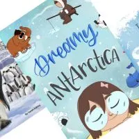 Three angled light blue book covers with children's books set in Antarctica
