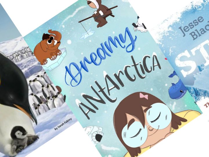 Three angled light blue book covers with children's books set in Antarctica