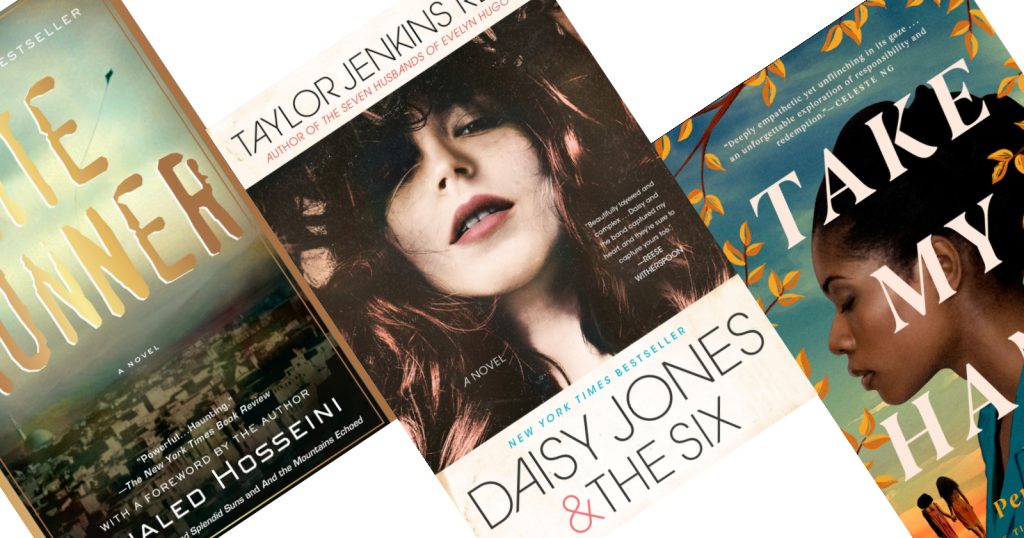 Three tilted book covers, center has brunette woman's face above title Daisy Jones & the Six