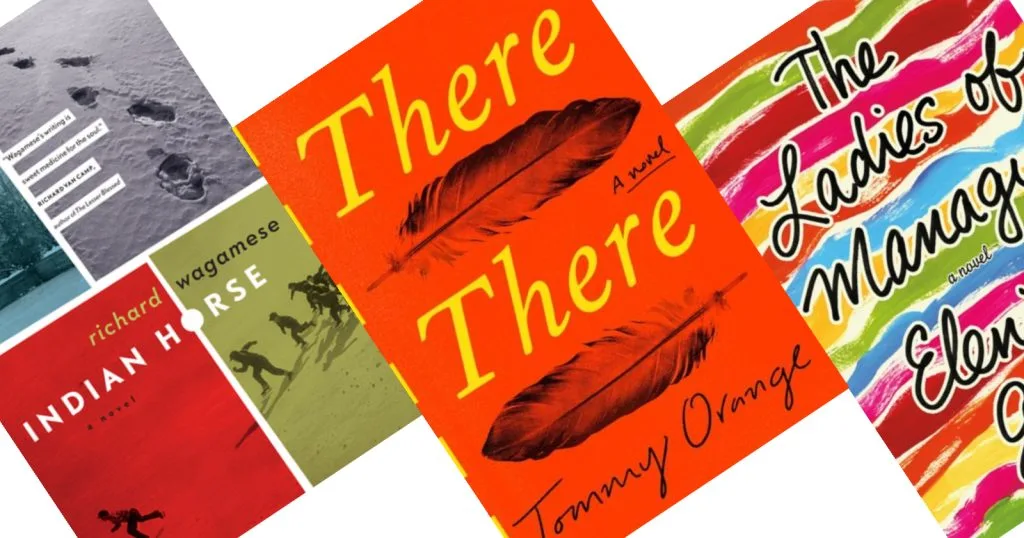 Three angeled brighly colored book covers with the center red and yellow cover with feathers and the title There There