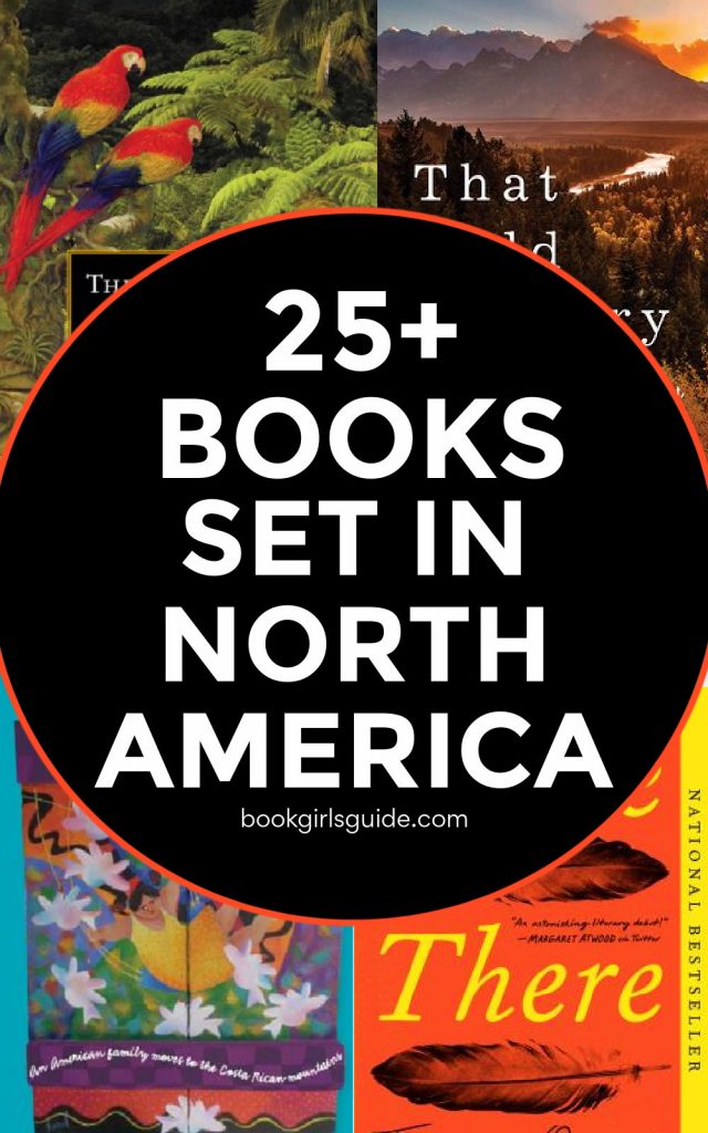 Four book covers in the corners with a black circle in the center and white text that reads 25+ Books set in North America