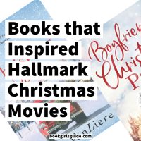 two angled christmas book covers overlayed with black text that reads books that inspired Hallmark Christmas movies