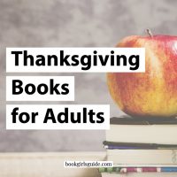 Thanksgiving Books for Adults - Text over photo of apple & book stack