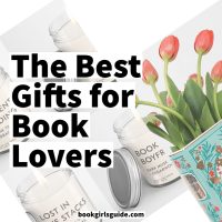 photo of candles and a ceramic book vase with tulips. The text overlay reads The Best Gifts for Book Lovers
