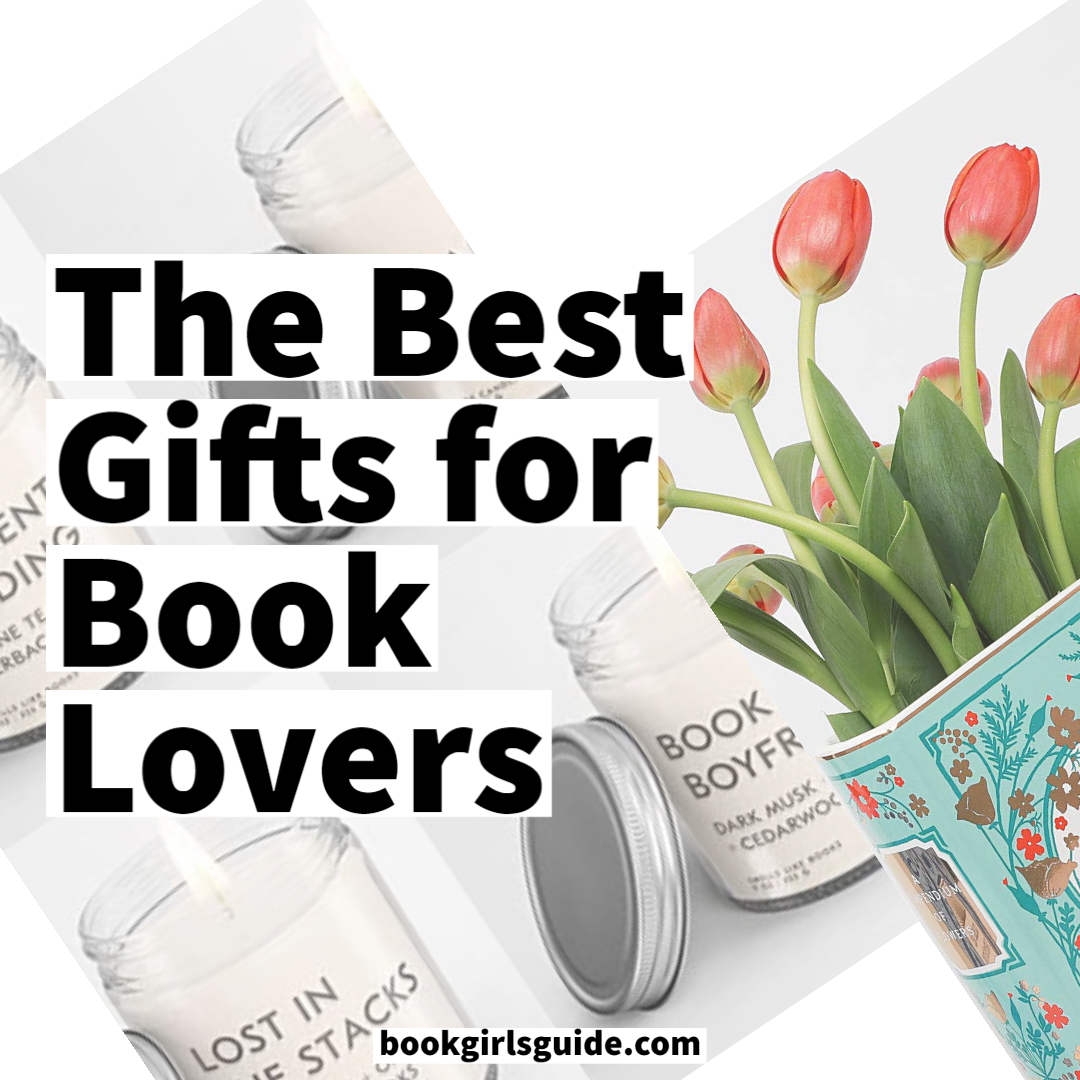 photo of candles and a ceramic book vase with tulips. The text overlay reads The Best Gifts for Book Lovers