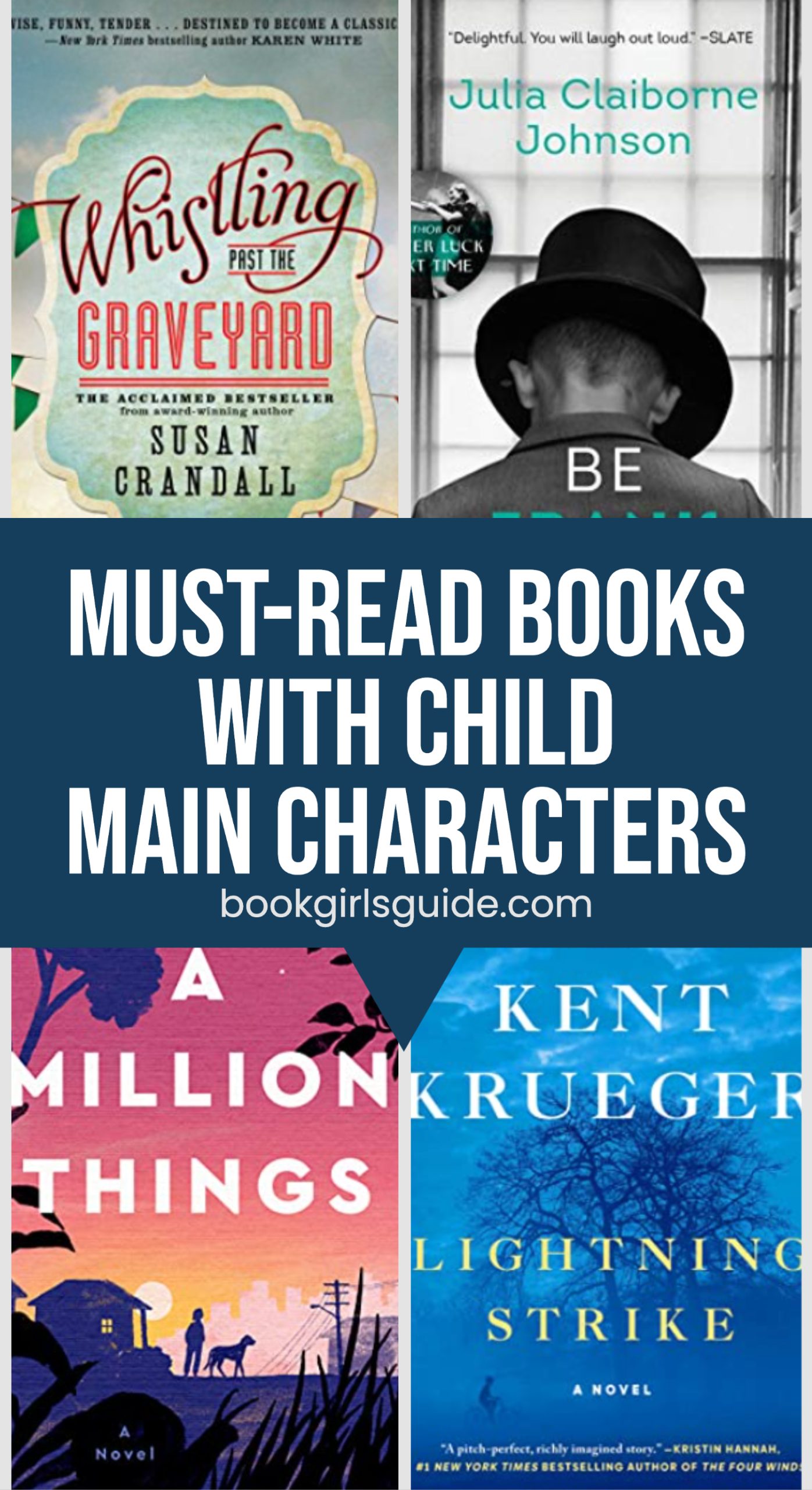 Four book covers with center text reading "must-read books with child main characters"