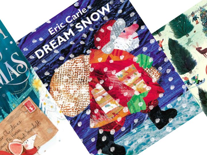 3 tilted book covers in a row with Chritmas imagery - Santa claus in the center