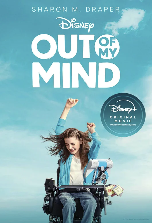 Book cover for Out of My Mind, teal with girl cheering in a wheel chair