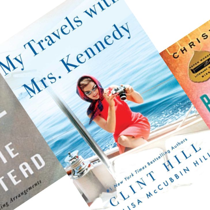THree tilted book covers with picture of Jackie Kennedy on a ship on the center book.