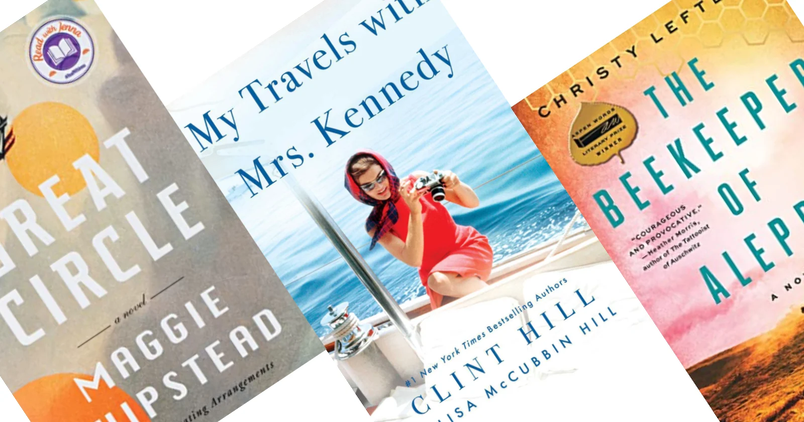 THree tilted book covers with picture of Jackie Kennedy on a ship on the center book.