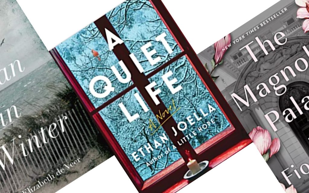 Three tilted dark wintery book covers