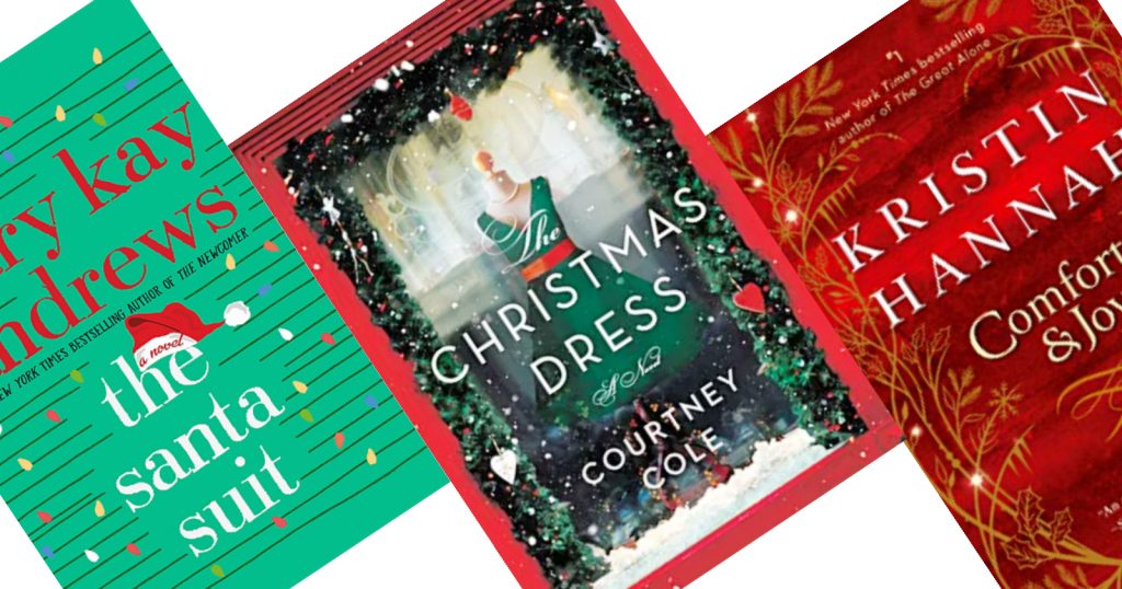 2 tilted red and green christmas book covers