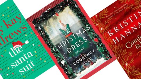 2 tilted red and green christmas book covers
