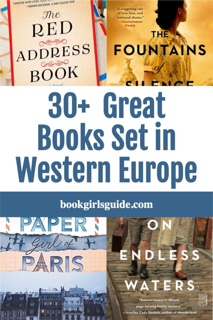 30 Great Books Set in Western Europe - Book covers for Red Address Book, Fountains of Silence, and Paper Paris