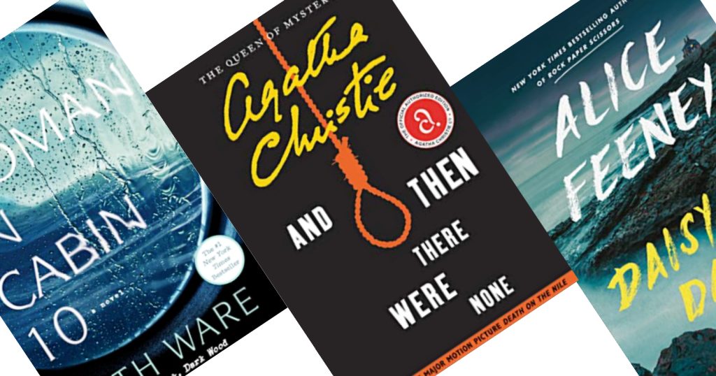 Three tilted book covers, center image black cover with yellow text reading Agatha Christie and a rope