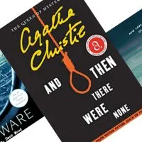 Three tilted book covers, center image black cover with yellow text reading Agatha Christie and a rope