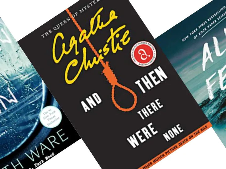 Three tilted book covers, center image black cover with yellow text reading Agatha Christie and a rope