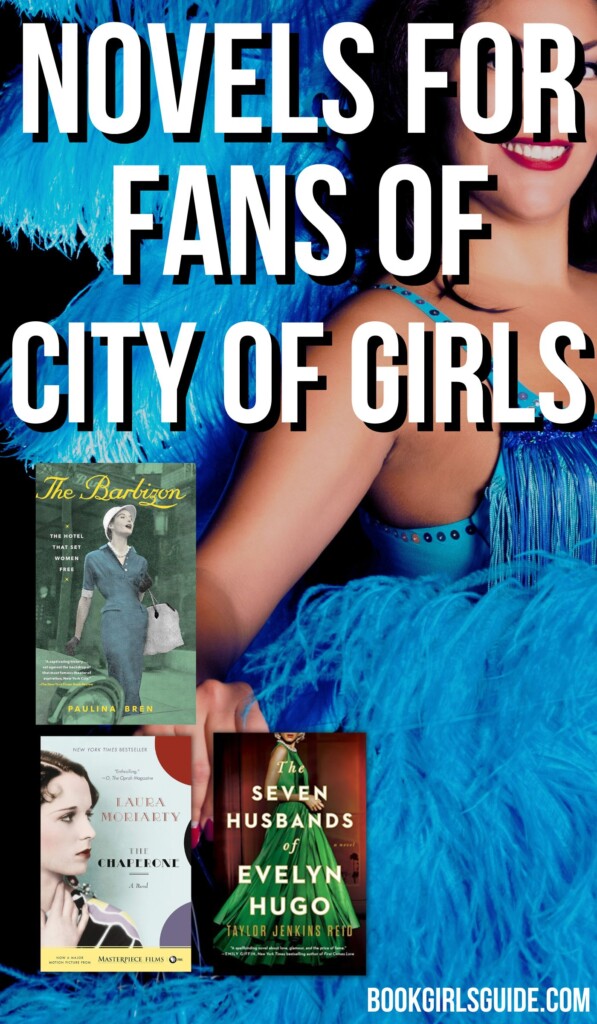 chorus girl in blue dress with book covers overlaid