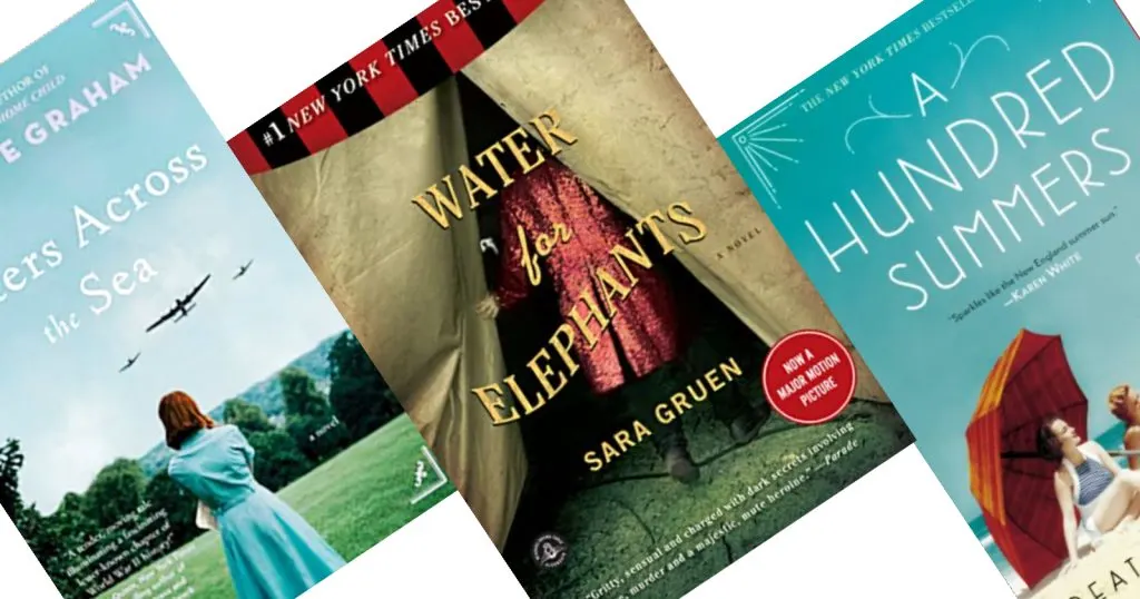 3 tilted book covers with Water for Elephants in the Center