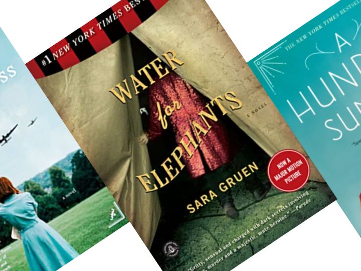 3 tilted book covers with Water for Elephants in the Center