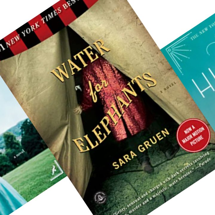 3 tilted book covers with Water for Elephants in the Center