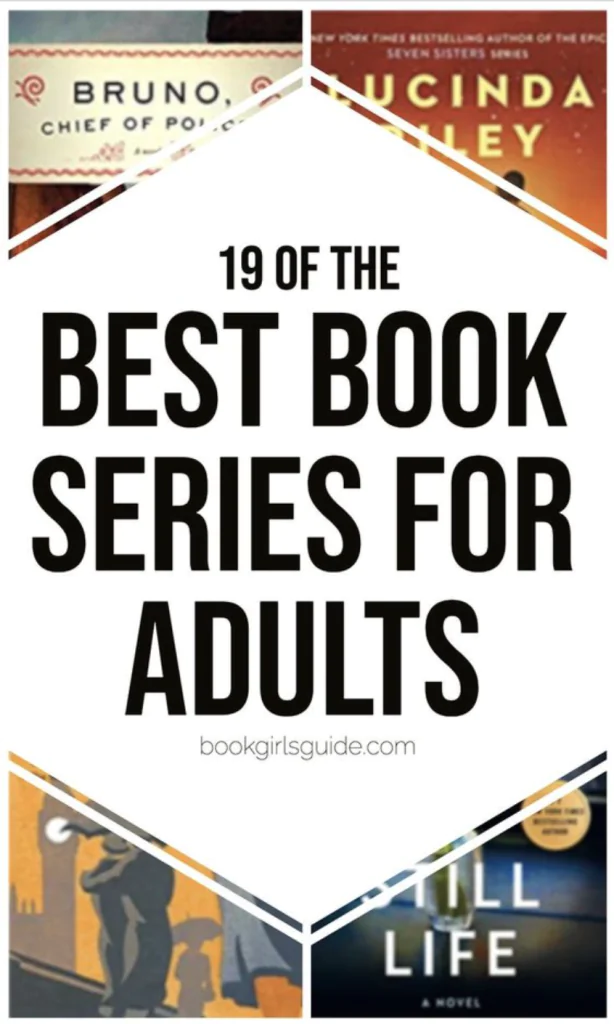 Large white diamond with black text reading 19 of the Best Book Series for Adults, over the top of 4 mostly hidden book covers