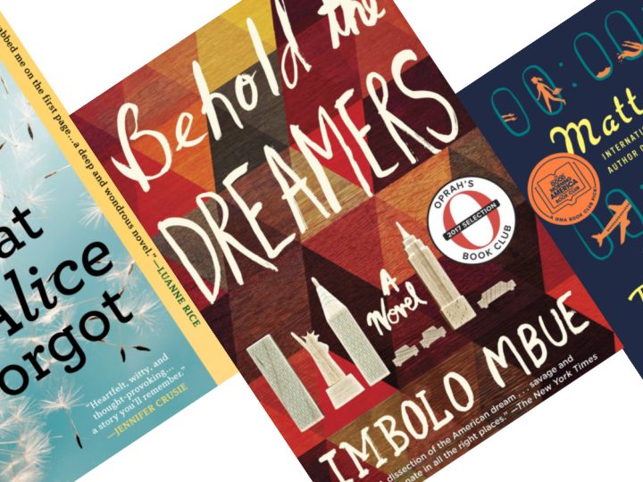 Three diagonal book covers - What Alice Forget, Behold the Dreamers, and Midnight Library