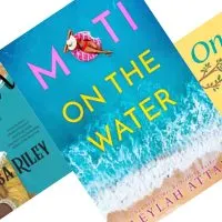 image of 3 slanted book covers with The Unhoneymooners title on yellow cover in the center