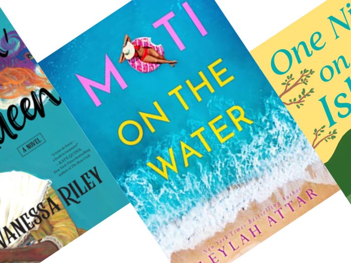image of 3 slanted book covers with The Unhoneymooners title on yellow cover in the center